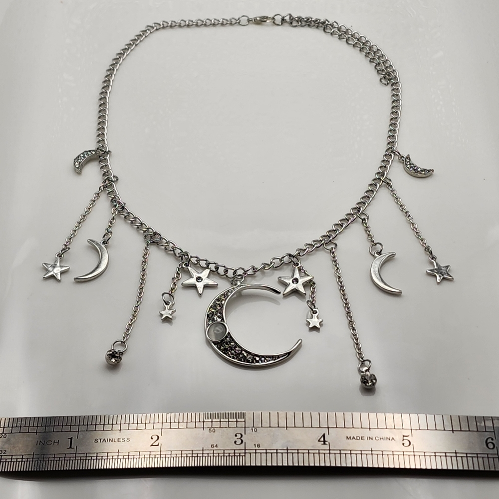 Silver Crescent Moon Star Necklace - Picture 8 of 9